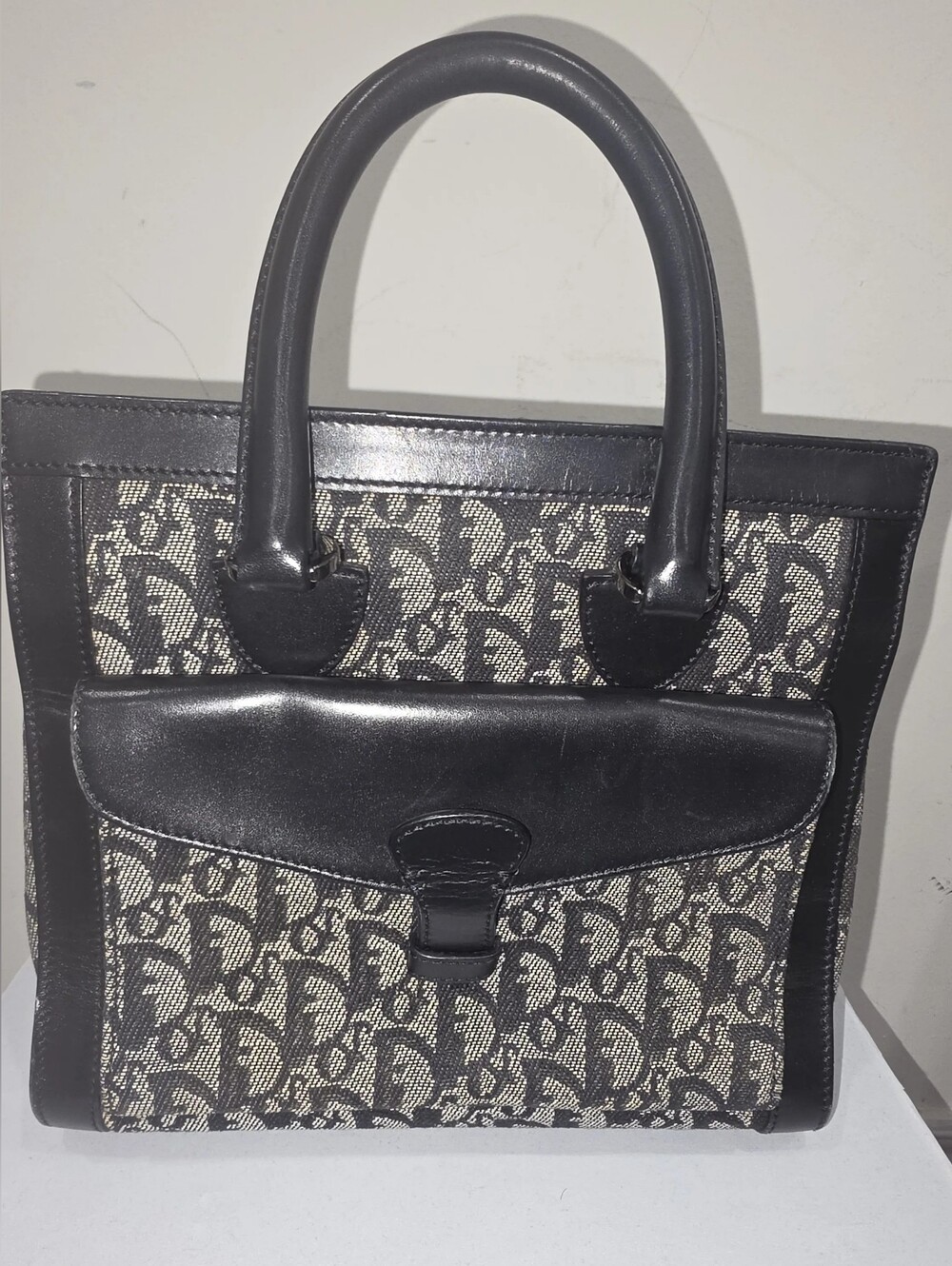 Christian Dior Vintage Trotter Canvas Tote Bag Black Silver Hardware Authentic